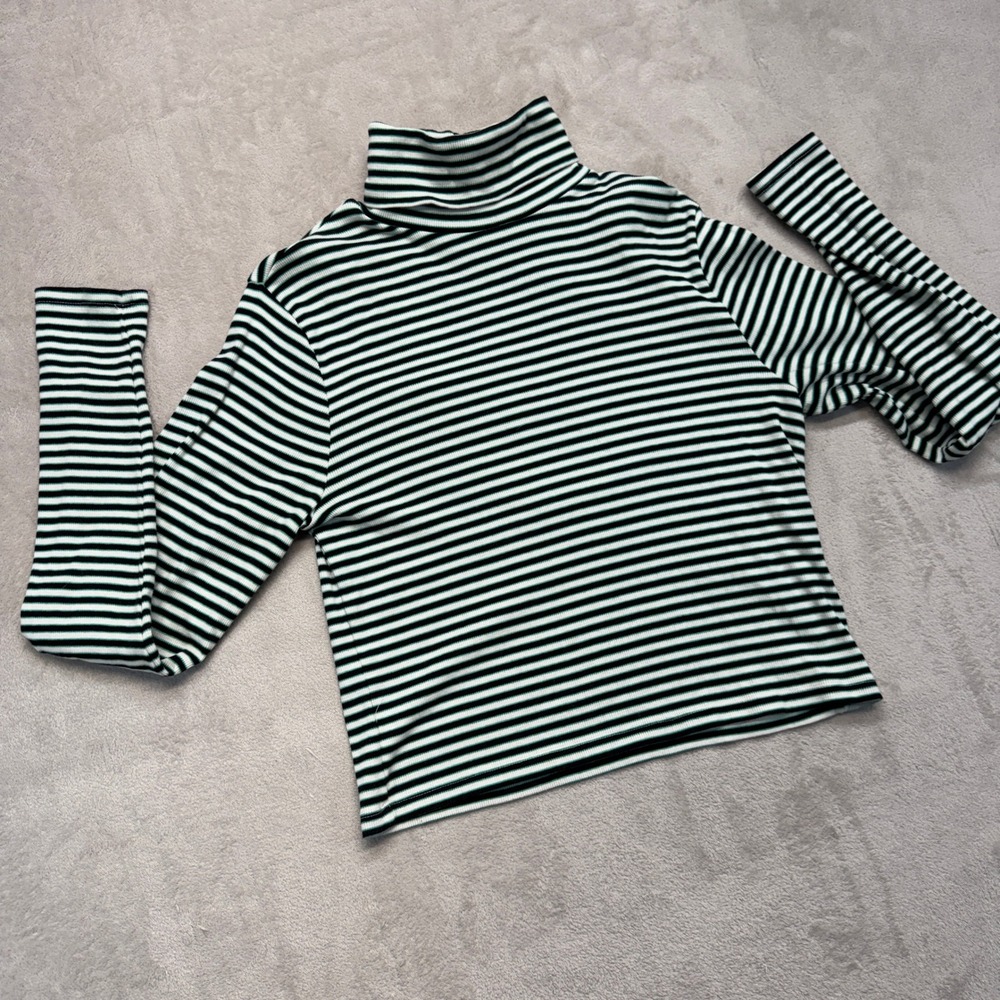 Levi's Shirt Women's Large Turtleneck Top Green Black Striped Ribbed Long Sleeve